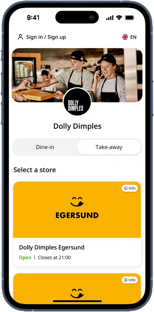 Dolly-appen på en mobil: startsiden der du velger ditt Dolly-utsalg