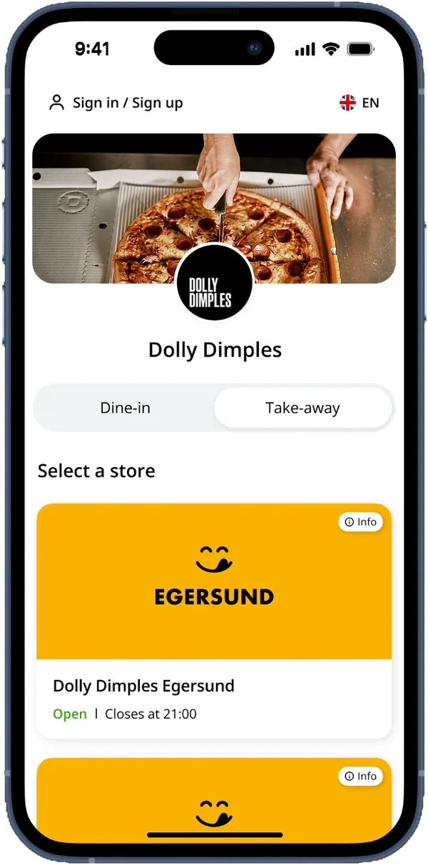 Dolly-appen på en mobil: startsiden der du velger ditt Dolly-utsalg