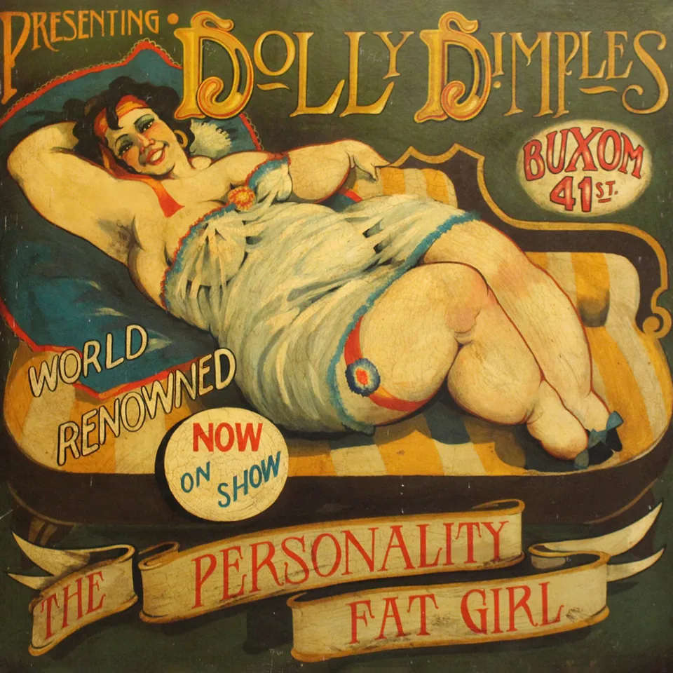 Den gamle, malte plakaten «Presenting Dolly Dimples» med Dolly Dimples selv
