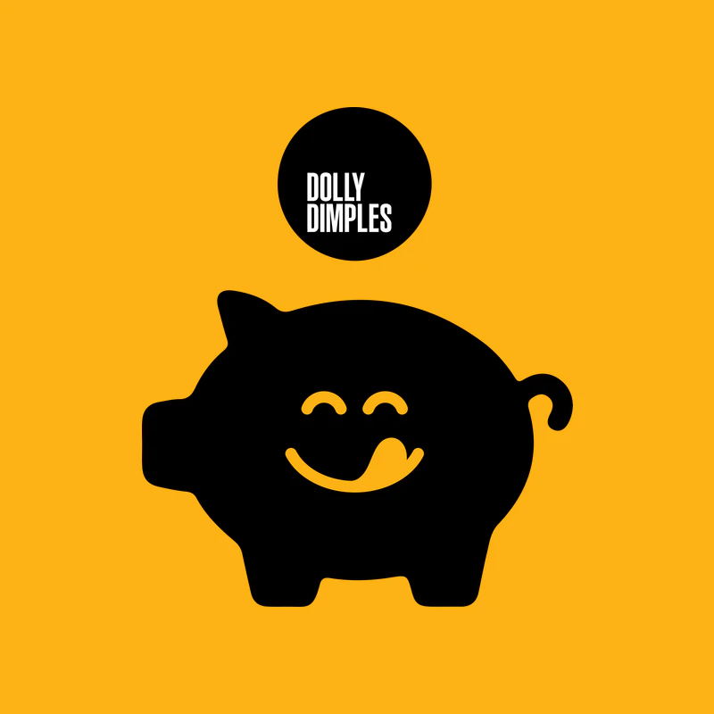 Svart sparegris med Dolly-smilet og en Dolly Dimples-mynt, på gul bakgrunn